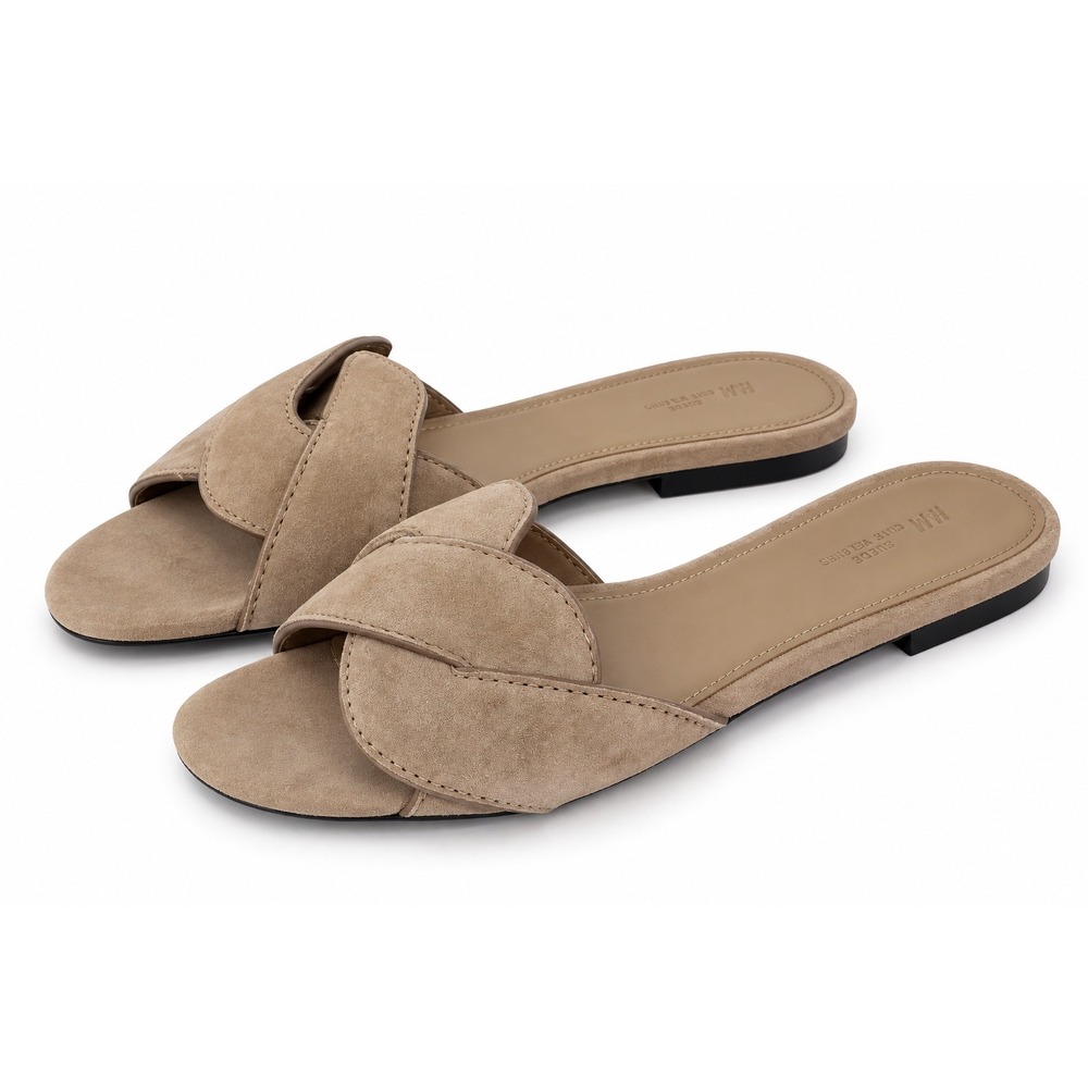 HM Premium Selection Real Suede Slide Sandals Taupe Beige Flat US 8 NEW